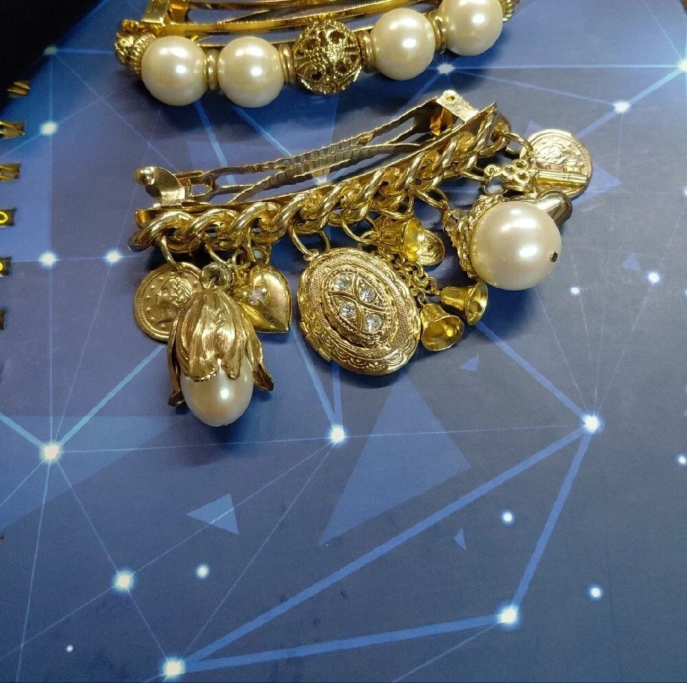 Made In France Gold Pearl Charm Barrette Set - Elegant Women’s Hair Clips